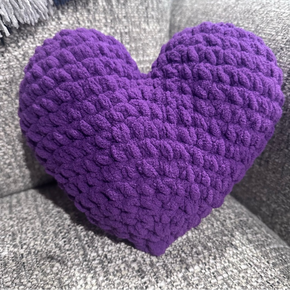 Super soft, deep, purple heart pillow. Handmade, plush Valentine’s heart.